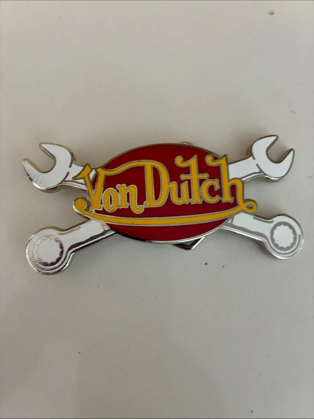 Von Dutch Red & Yellow Enamel Logo Pin with Wrench Design